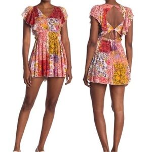 RAGA for Anthropologie Beautiful Escape Boho Skirted Tie Back Patchwork Romper